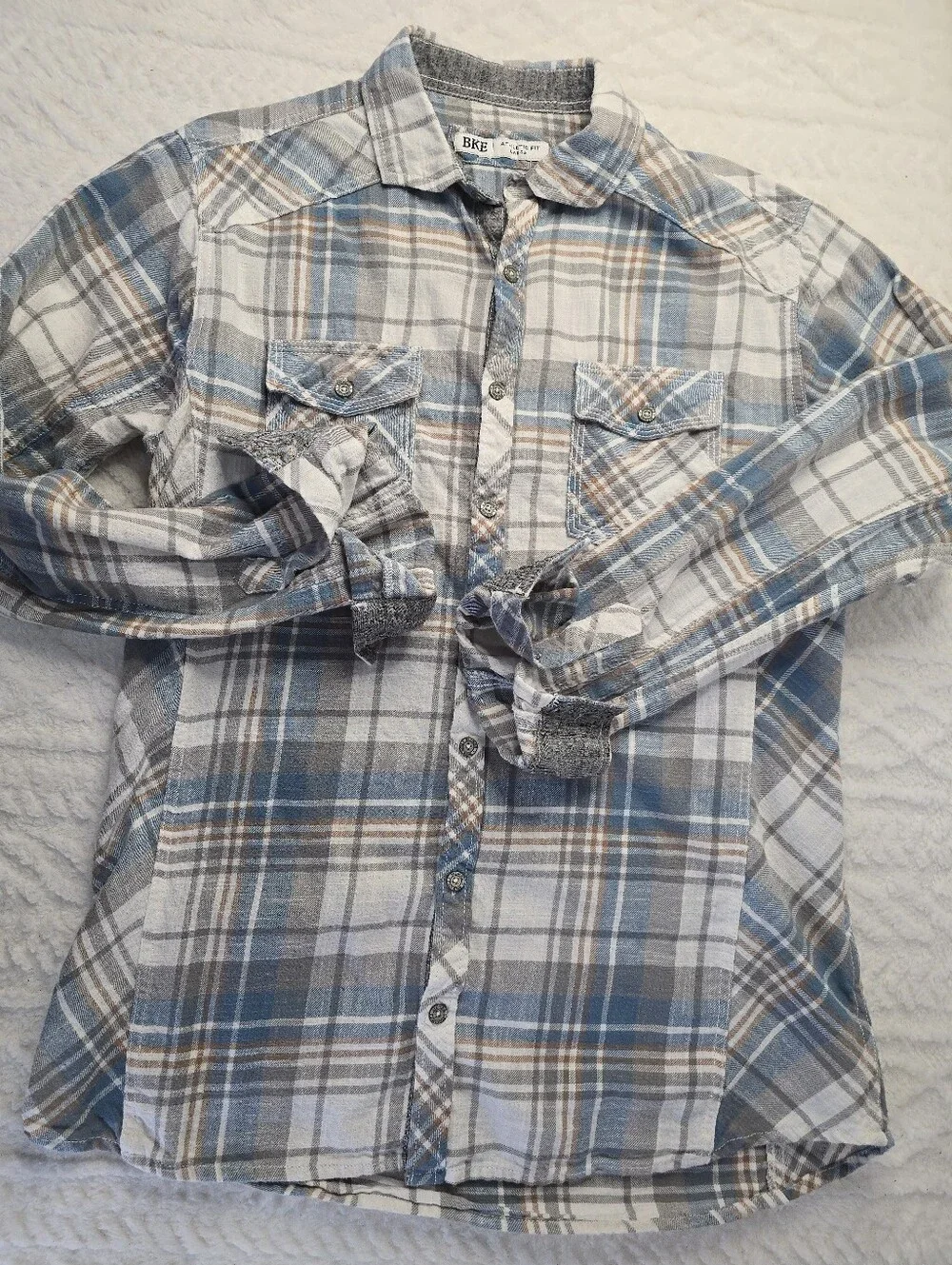 BKE Plaid Button-up Shirt Blue Gray Flannel Cotton Athletic Fit Western L